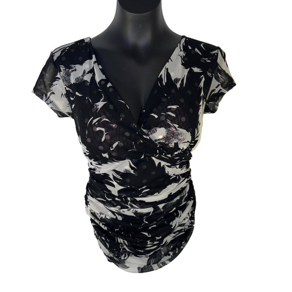 INC Blouse Womens S Wrap V-Neck Cap Sleeve Mesh Black White Ruched Waist